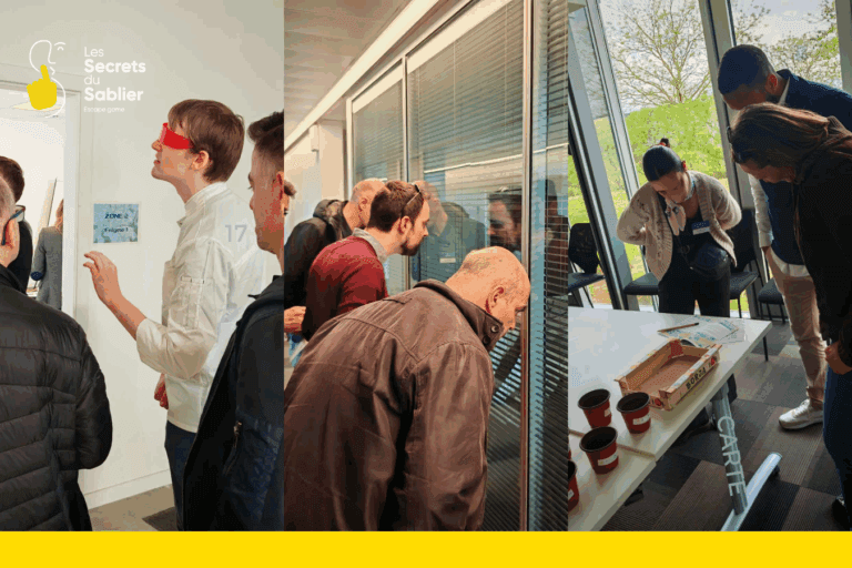 Équipe d'entreprise participant à un jeu immersif sur-mesure lors de Strasbourg 2050, conçu par Les Secrets du Sablier.